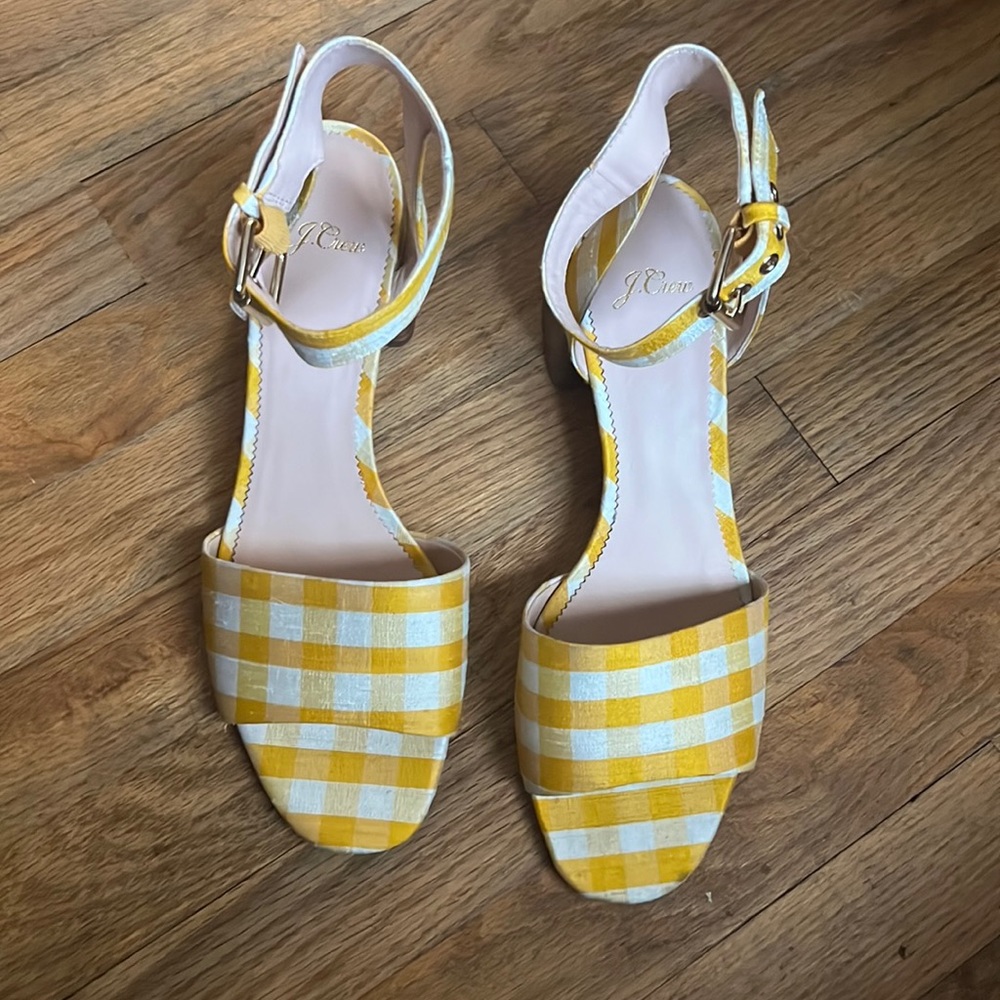 J. Crew Gingham Yellow-ivory Ankle Strap Heels Size 11